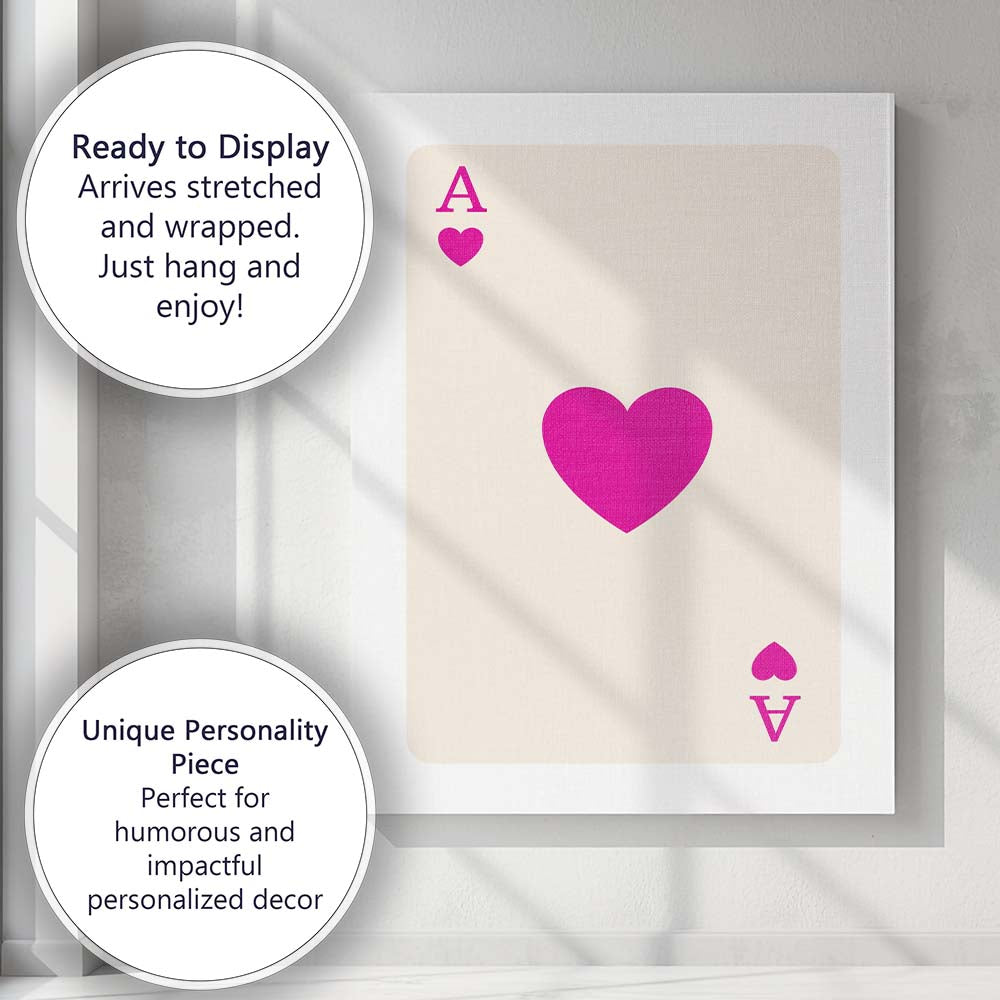 Minimalist Magenta Heart Playing Card Ace Illustration Canvas Wall Art Print Decor Picture Ready to Hang