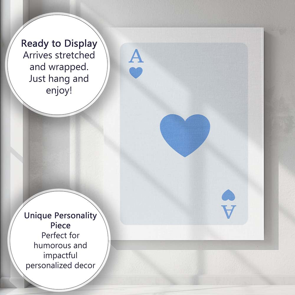 Minimalist Pastel Blue Heart Playing Card Ace Illustration Canvas Wall Art Print Decor Picture Ready to Hang