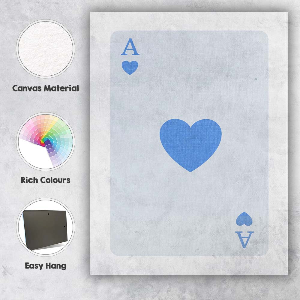 Minimalist Pastel Blue Heart Playing Card Ace Illustration Canvas Wall Art Print Decor Picture Ready to Hang