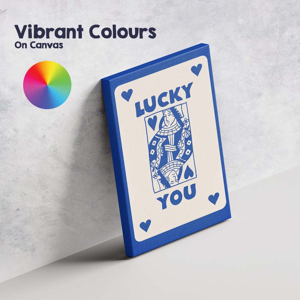 Lucky You Blue Playing Card Queen Typography Illustration Canvas Wall Art Print Decor Picture Ready to Hang
