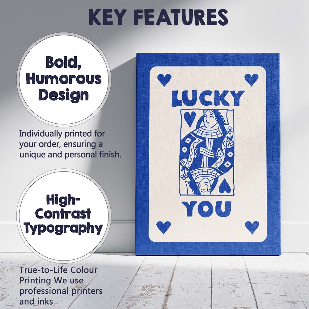Lucky You Blue Playing Card Queen Typography Illustration Canvas Wall Art Print Decor Picture Ready to Hang