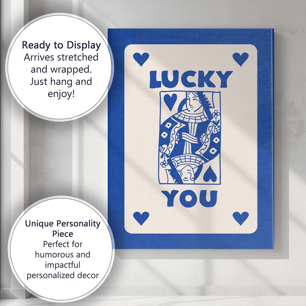 Lucky You Blue Playing Card Queen Typography Illustration Canvas Wall Art Print Decor Picture Ready to Hang