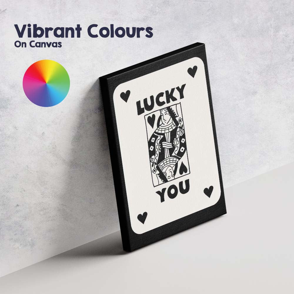 Lucky You Black Playing Card Queen Typography Illustration Canvas Wall Art Print Decor Picture Ready to Hang