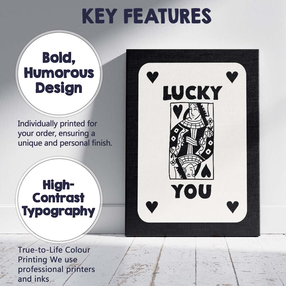 Lucky You Black Playing Card Queen Typography Illustration Canvas Wall Art Print Decor Picture Ready to Hang