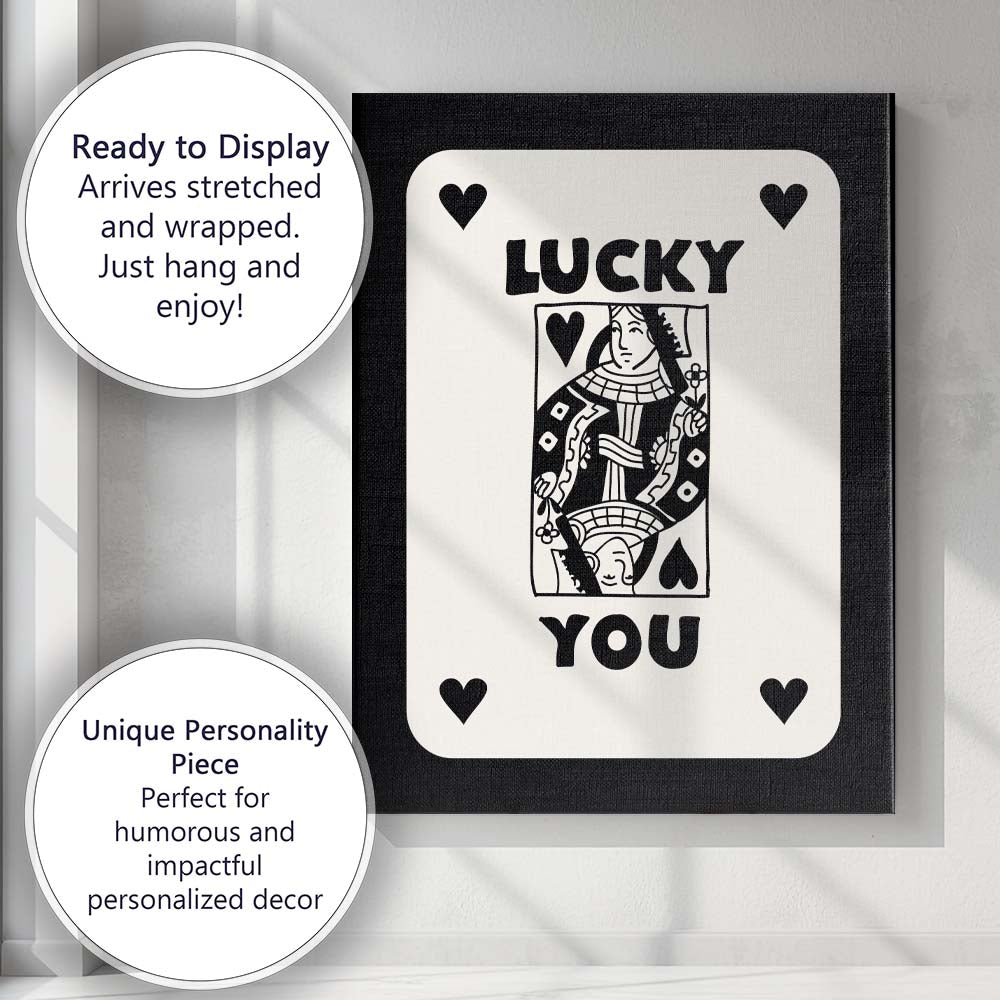Lucky You Black Playing Card Queen Typography Illustration Canvas Wall Art Print Decor Picture Ready to Hang