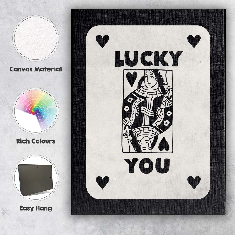 Lucky You Black Playing Card Queen Typography Illustration Canvas Wall Art Print Decor Picture Ready to Hang