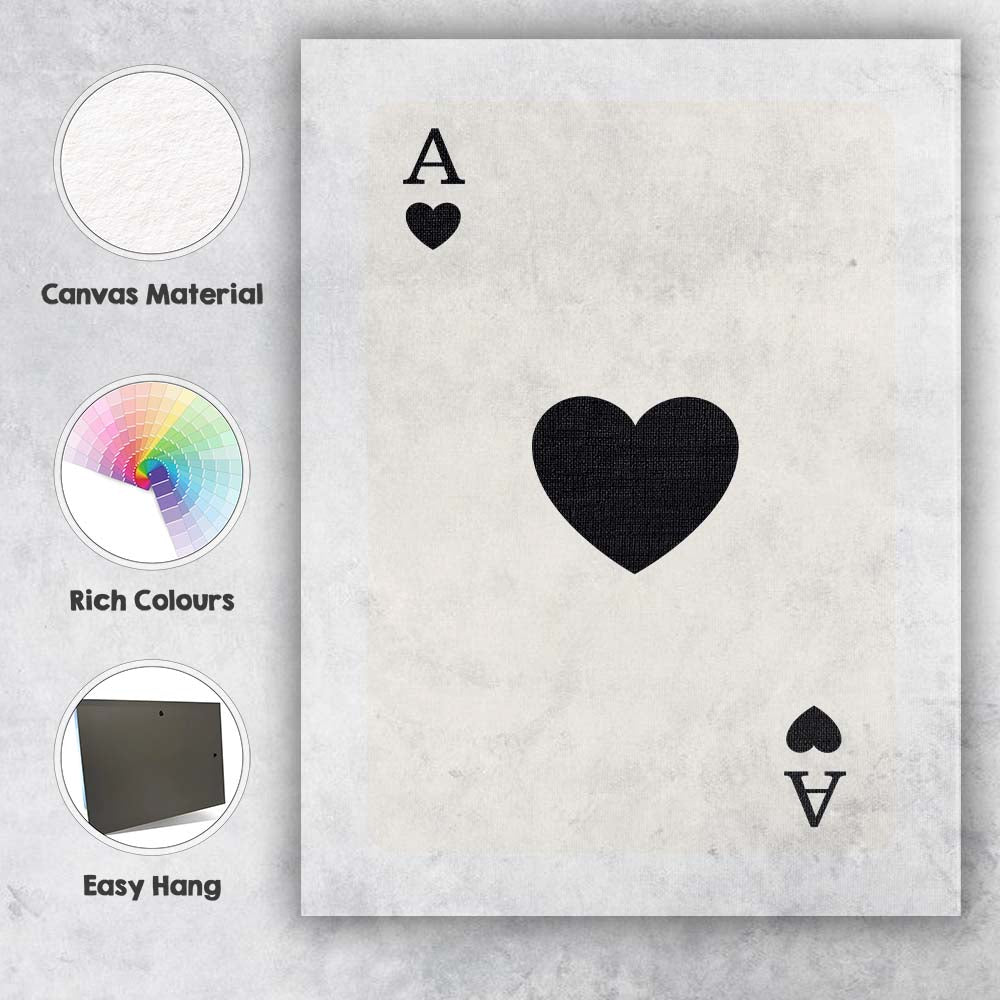 Minimalist Black Heart Playing Card Ace Illustration Canvas Wall Art Print Decor Picture Ready to Hang