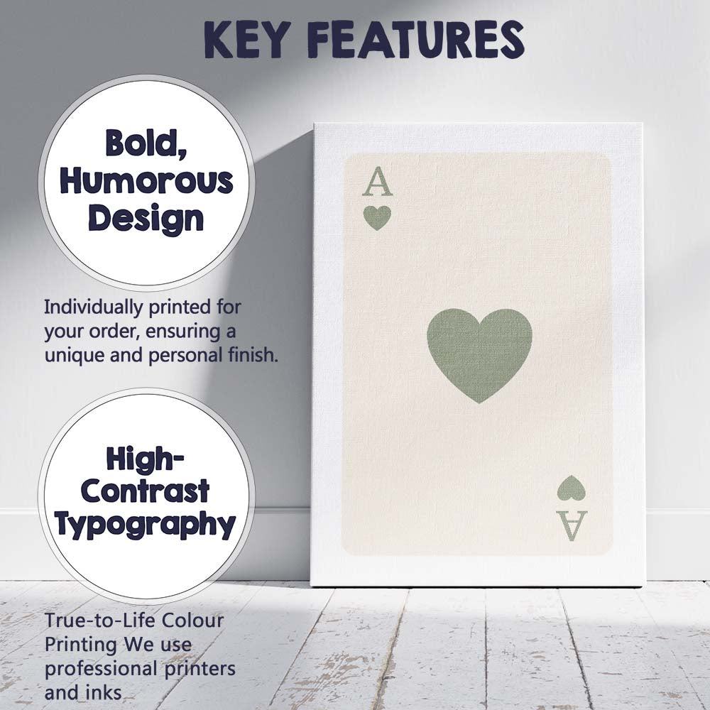 Minimalist Sage Green Heart Playing Card Ace Illustration Canvas Wall Art Print Decor Picture Ready to Hang