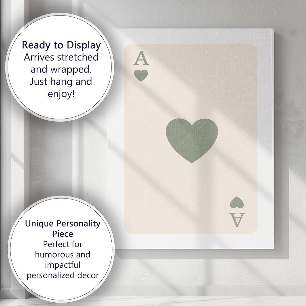 Minimalist Sage Green Heart Playing Card Ace Illustration Canvas Wall Art Print Decor Picture Ready to Hang