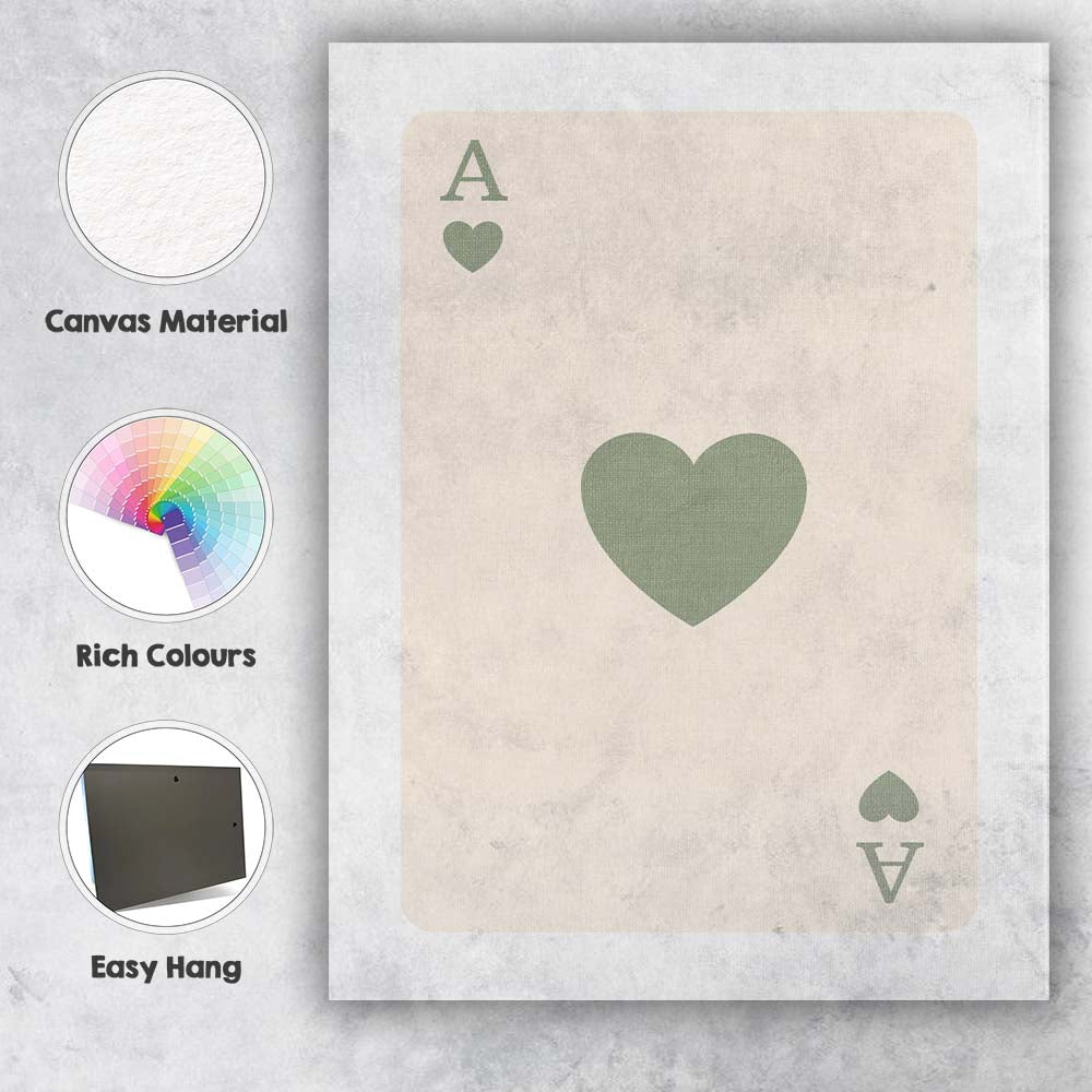 Minimalist Sage Green Heart Playing Card Ace Illustration Canvas Wall Art Print Decor Picture Ready to Hang