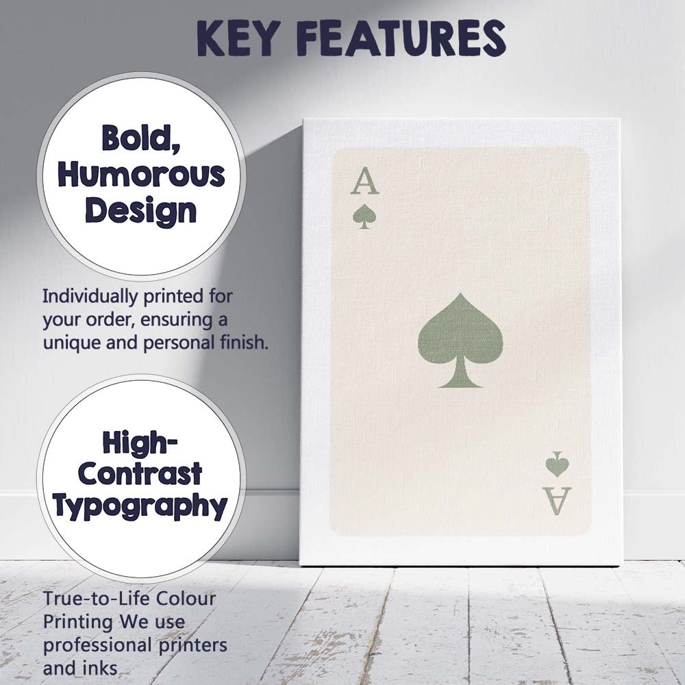 Minimalist Sage Green Spade Playing Card Ace Illustration Canvas Wall Art Print Decor Picture Ready to Hang