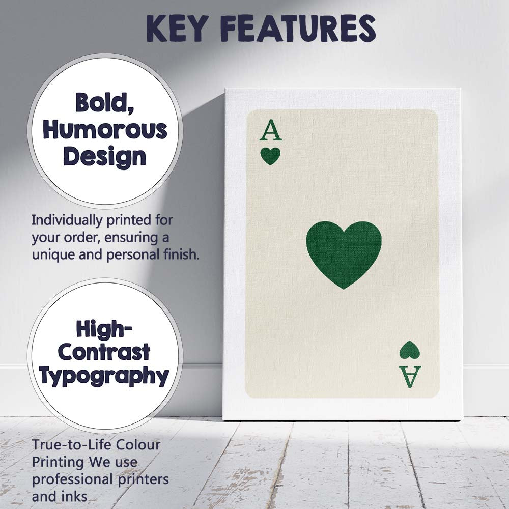 Minimalist Forest Green Heart Playing Card Ace Illustration Canvas Wall Art Print Decor Picture Ready to Hang