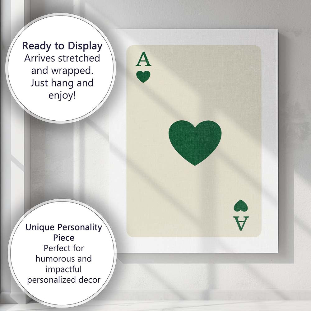 Minimalist Forest Green Heart Playing Card Ace Illustration Canvas Wall Art Print Decor Picture Ready to Hang