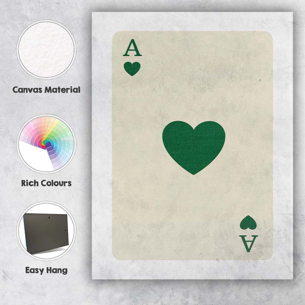 Minimalist Forest Green Heart Playing Card Ace Illustration Canvas Wall Art Print Decor Picture Ready to Hang