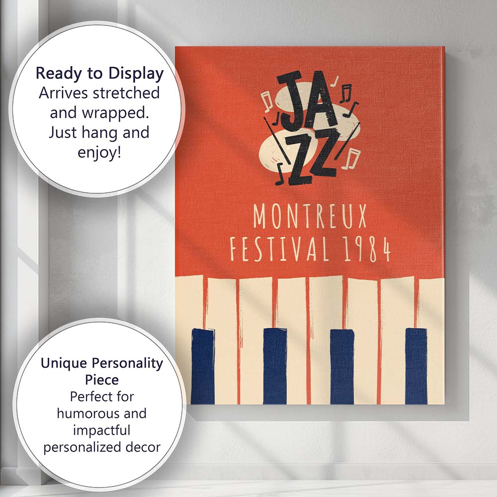 Retro Jazz Festival Piano Keys Musical Notes Illustration Canvas Wall Art Print Decor Picture Ready to Hang