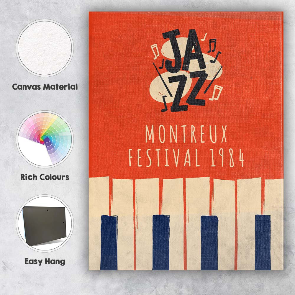 Retro Jazz Festival Piano Keys Musical Notes Illustration Canvas Wall Art Print Decor Picture Ready to Hang