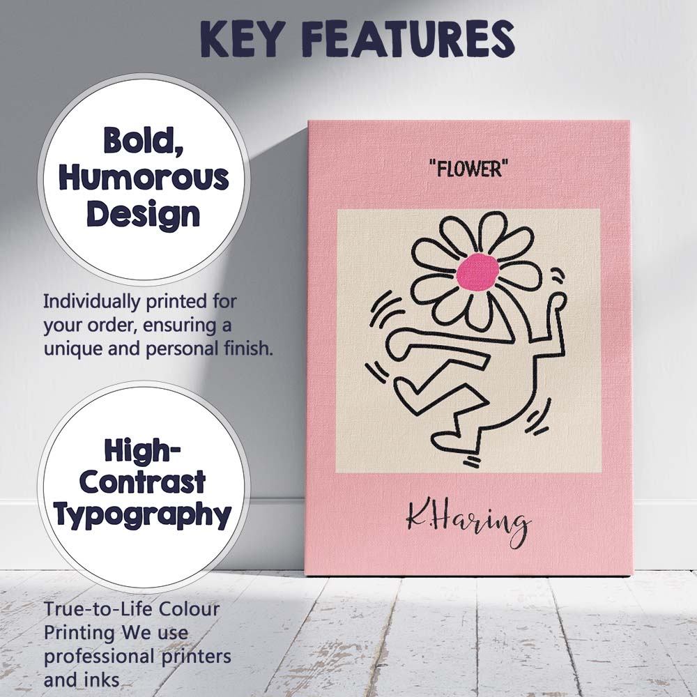 Pink Dancing Flower Figure Keith Haring Inspired Pop Art Canvas Wall Art Print Decor Picture Ready to Hang
