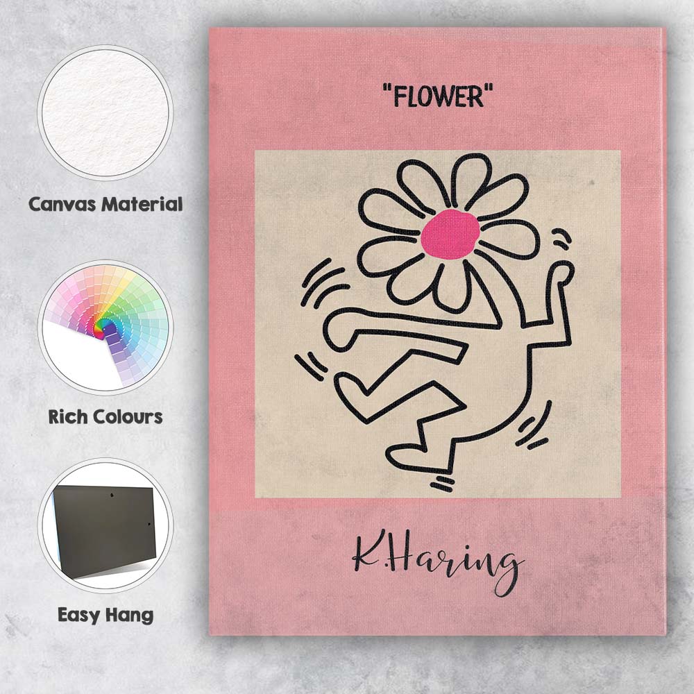 Pink Dancing Flower Figure Keith Haring Inspired Pop Art Canvas Wall Art Print Decor Picture Ready to Hang