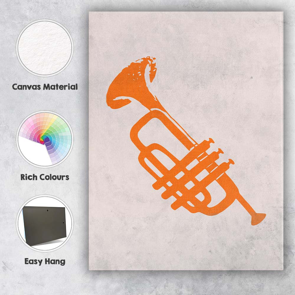 Minimalist Orange Trumpet Silhouette Contemporary Music Canvas Wall Art Print Decor Picture Ready to Hang