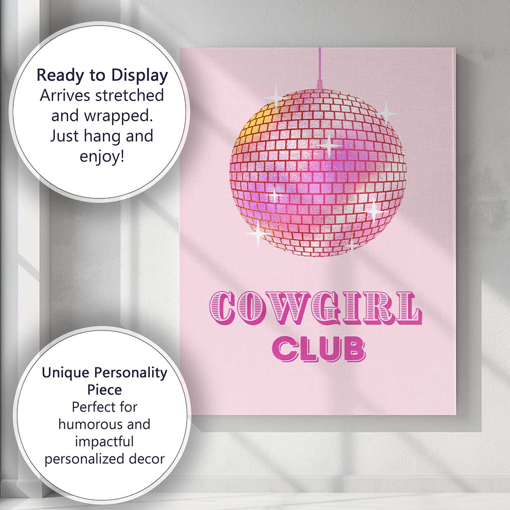 Cowgirl Club Pink Disco Ball Retro Western Typography Canvas Wall Art Print Decor Picture Ready to Hang