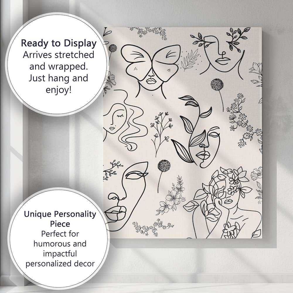 Minimalist Botanical Female Faces Line Art Floral Illustration Canvas Wall Art Print Decor Picture Ready to Hang