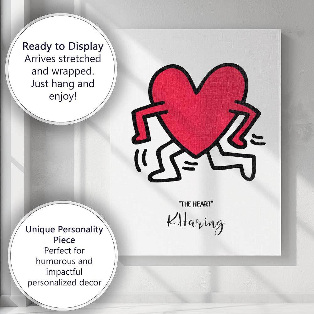 Keith Haring Inspired Running Heart Pop Art Illustration Canvas Wall Art Print Decor Picture Ready to Hang