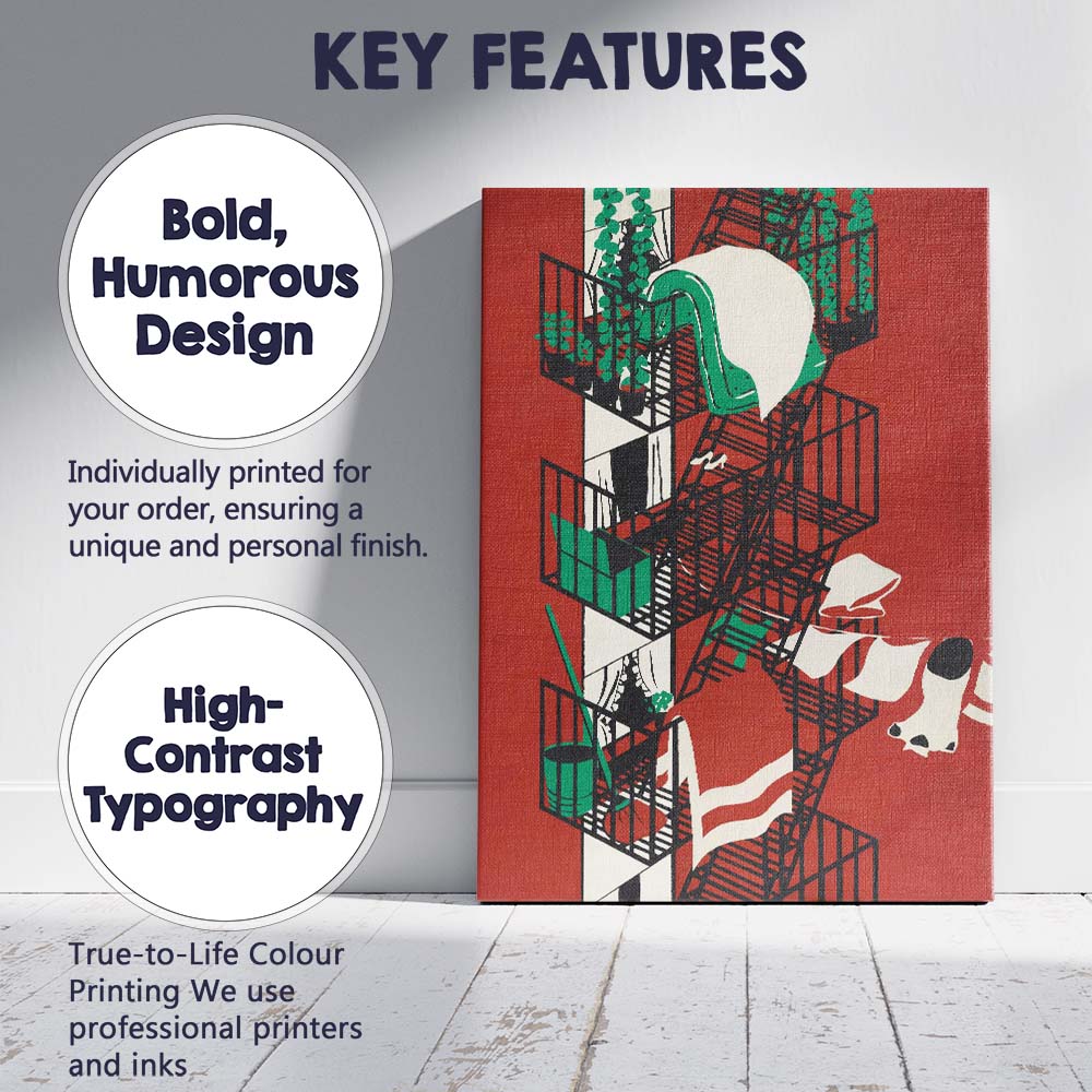Urban Fire Escape Laundry Architectural Illustration Canvas Wall Art Print Decor Picture Ready to Hang