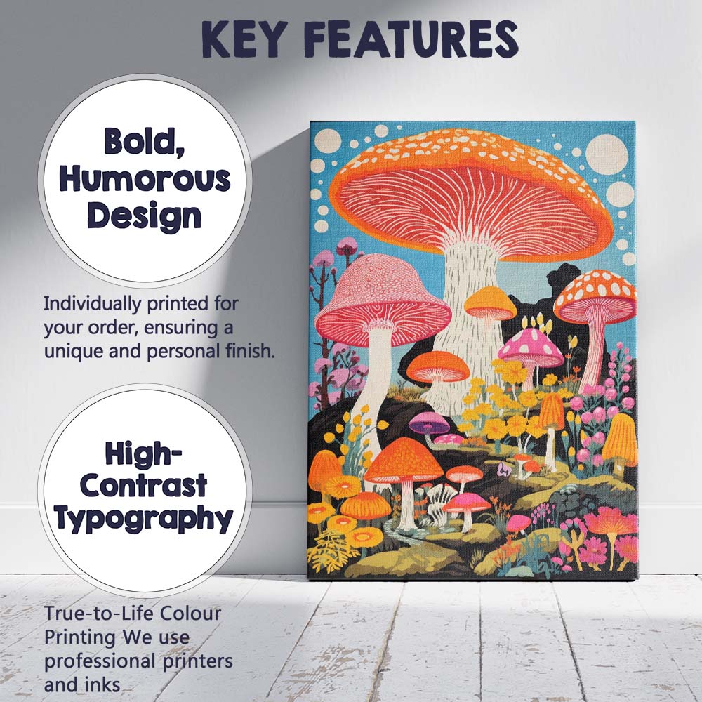 Colourful Fantasy Toadstool Mushroom Woodland Illustration Canvas Wall Art Print Decor Picture Ready to Hang
