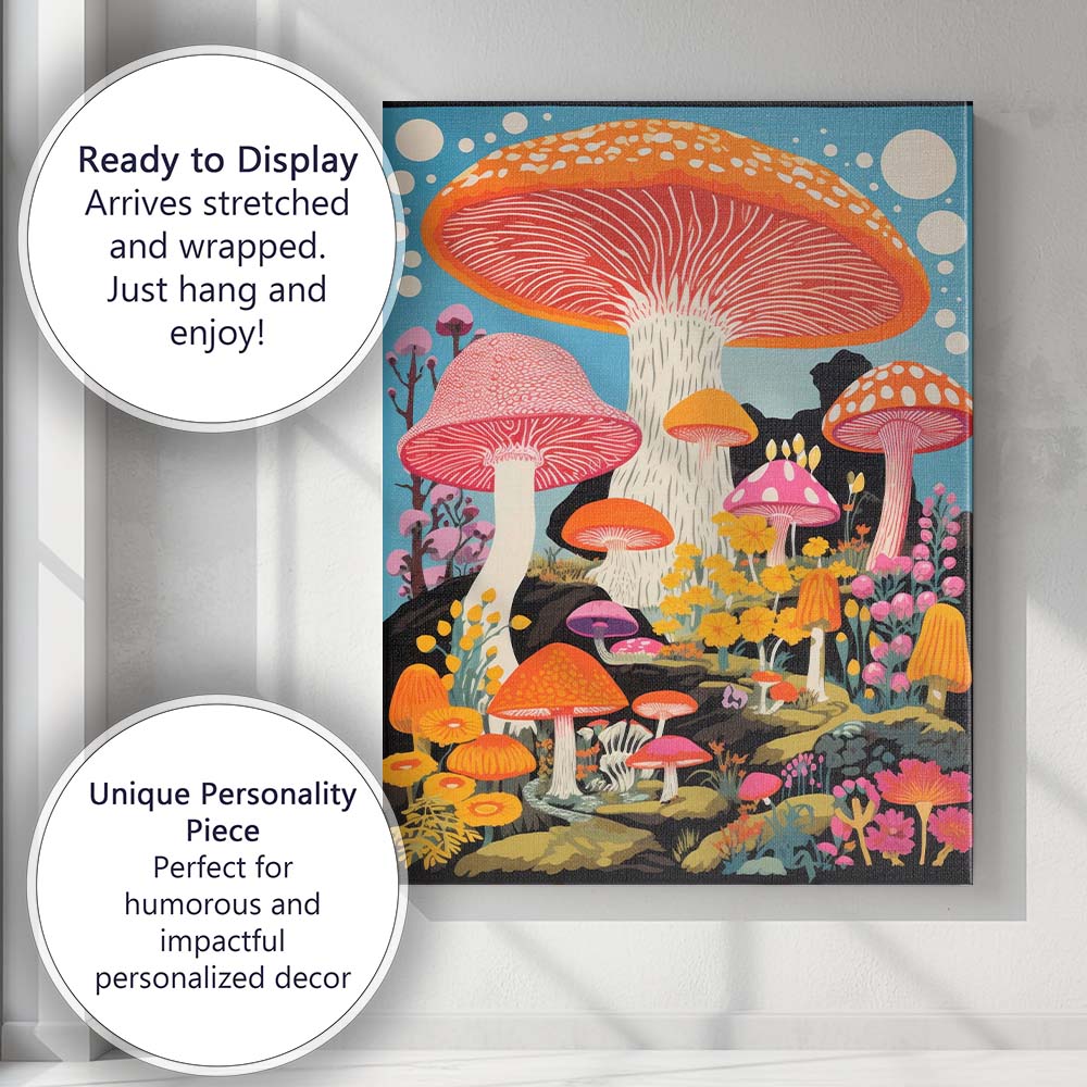 Colourful Fantasy Toadstool Mushroom Woodland Illustration Canvas Wall Art Print Decor Picture Ready to Hang