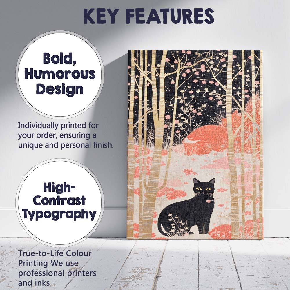 Black Cat In Birch Forest Pink Woodland Illustration Canvas Wall Art Print Decor Picture Ready to Hang