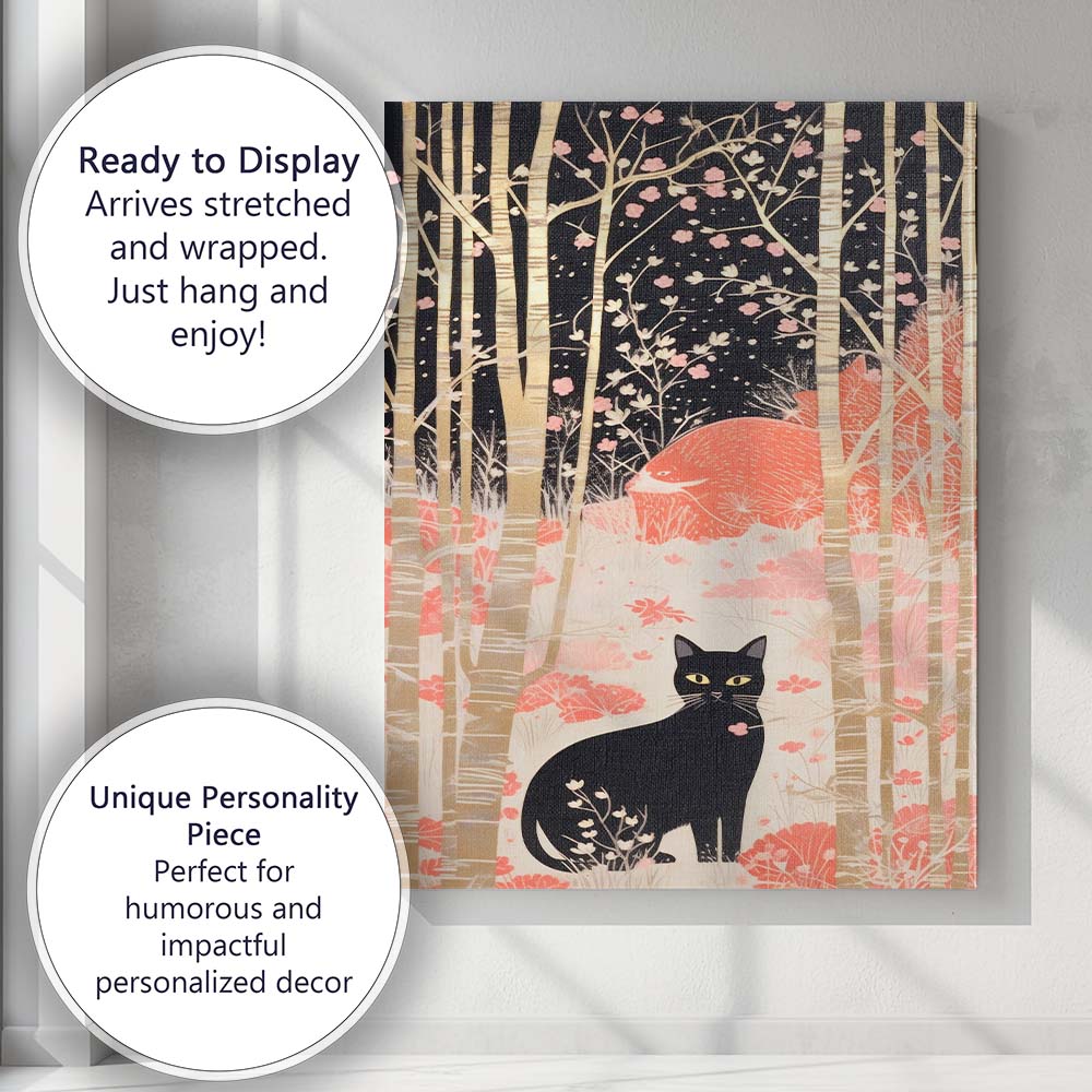 Black Cat In Birch Forest Pink Woodland Illustration Canvas Wall Art Print Decor Picture Ready to Hang