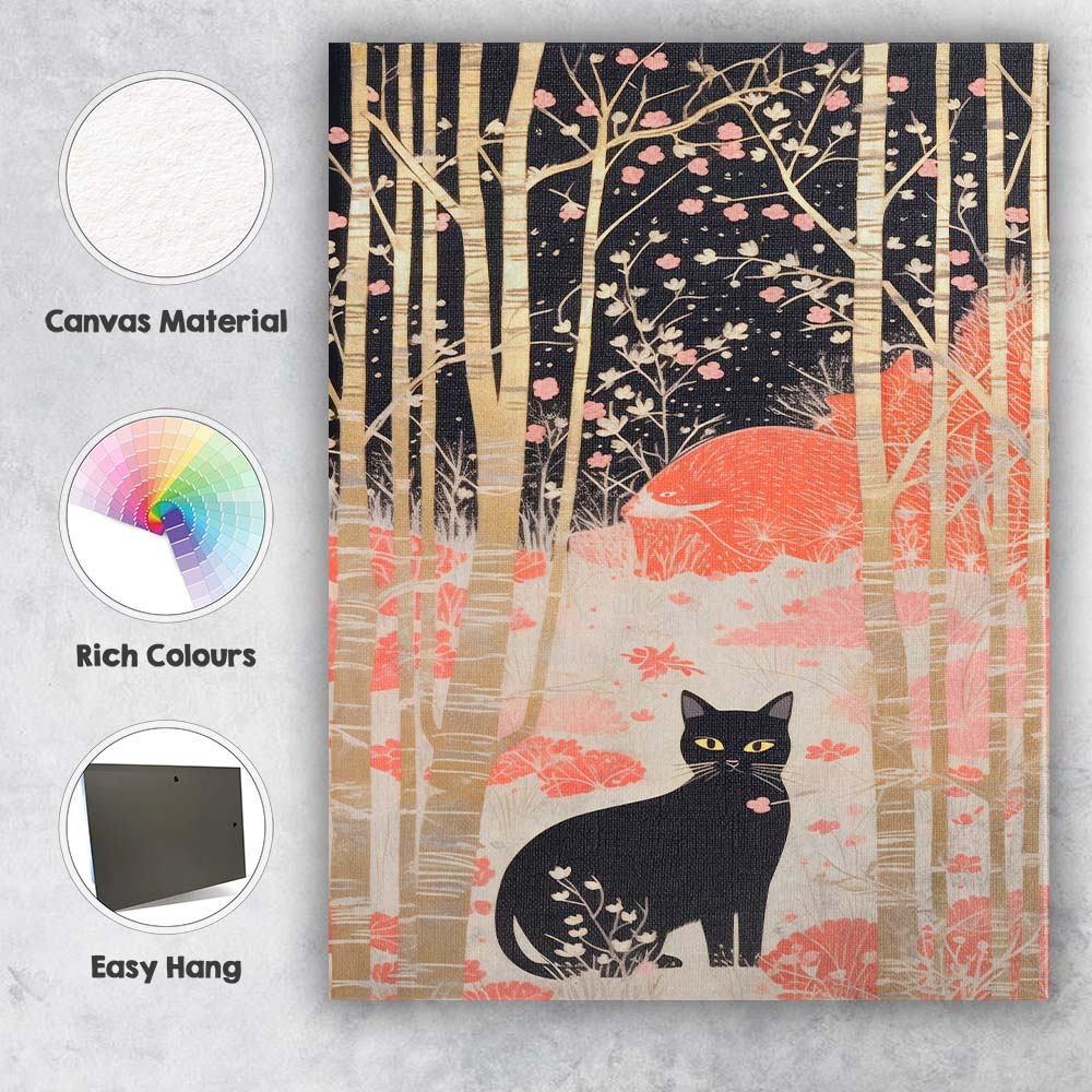 Black Cat In Birch Forest Pink Woodland Illustration Canvas Wall Art Print Decor Picture Ready to Hang