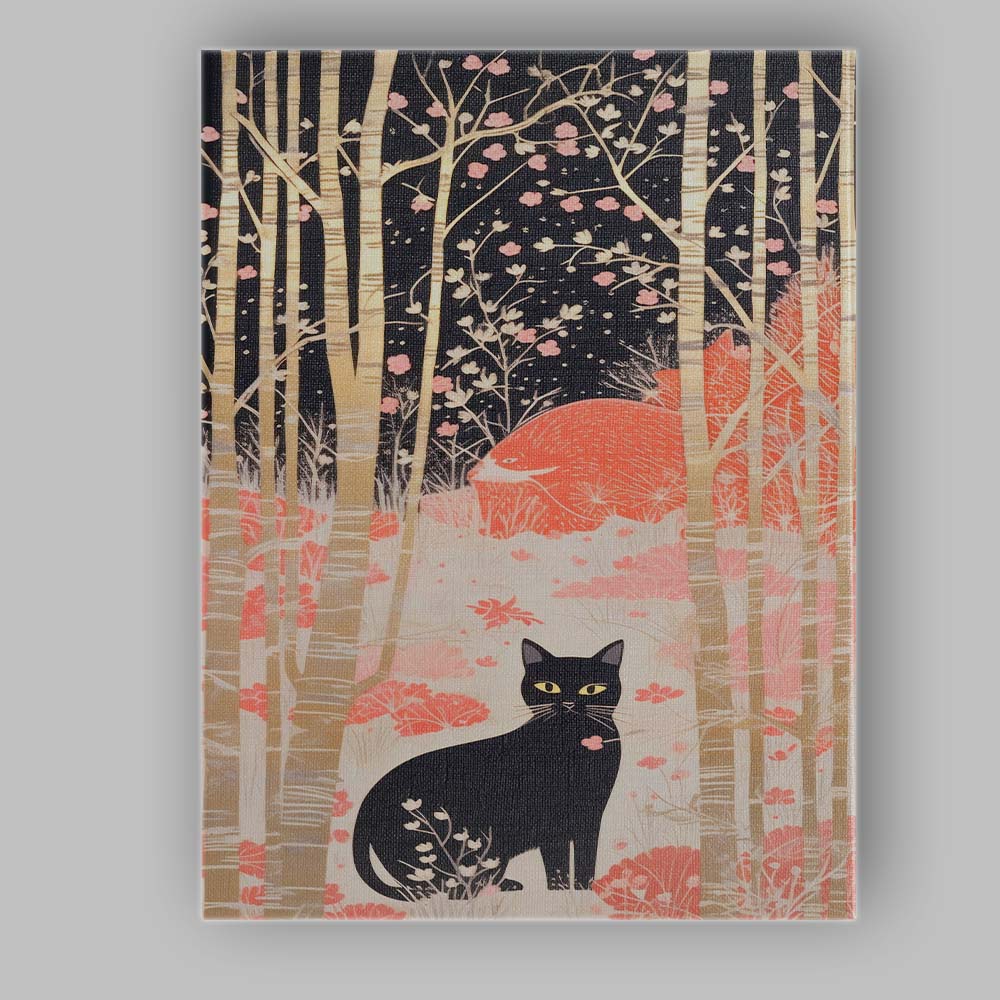 Black Cat In Birch Forest Pink Woodland Illustration Canvas Wall Art Print Decor Picture Ready to Hang