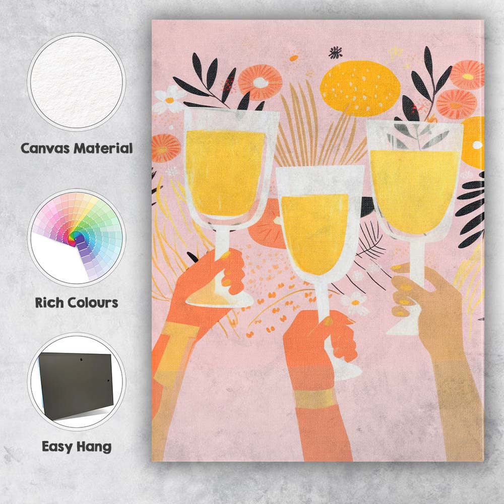 Modern Champagne Celebration Floral Party Illustration Canvas Wall Art Print Decor Picture Ready to Hang