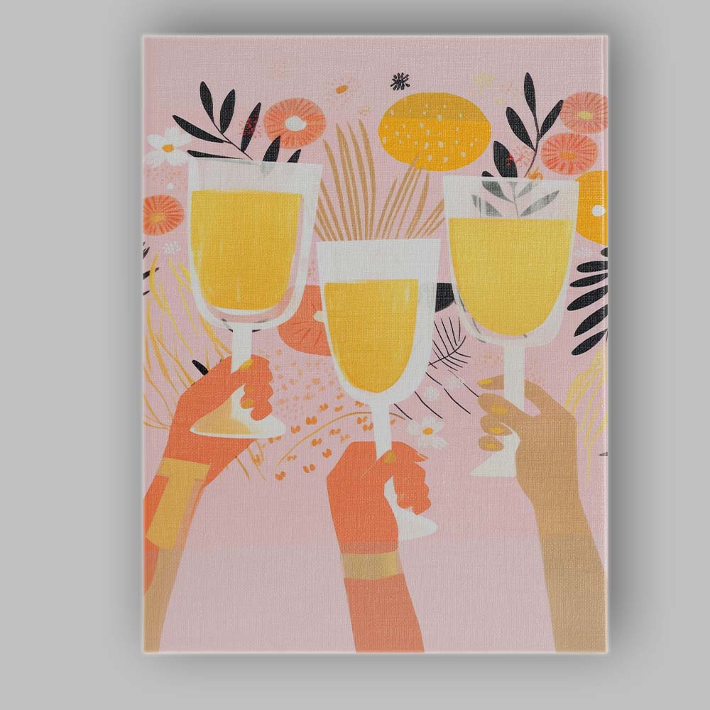 Modern Champagne Celebration Floral Party Illustration Canvas Wall Art Print Decor Picture Ready to Hang