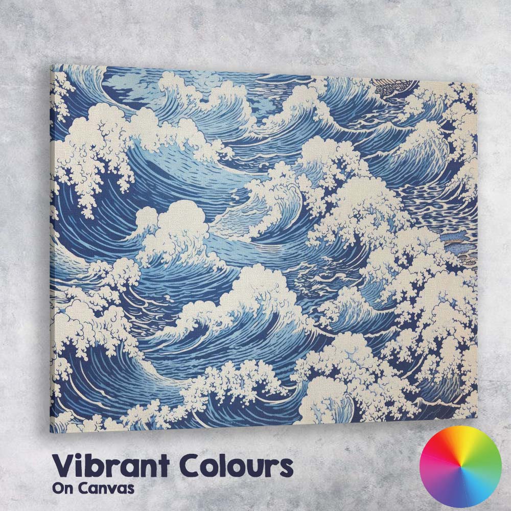 Japanese Style Blue Ocean Waves Repeat Pattern Canvas Wall Art Print Decor Picture Ready to Hang