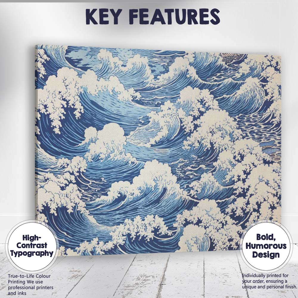 Japanese Style Blue Ocean Waves Repeat Pattern Canvas Wall Art Print Decor Picture Ready to Hang