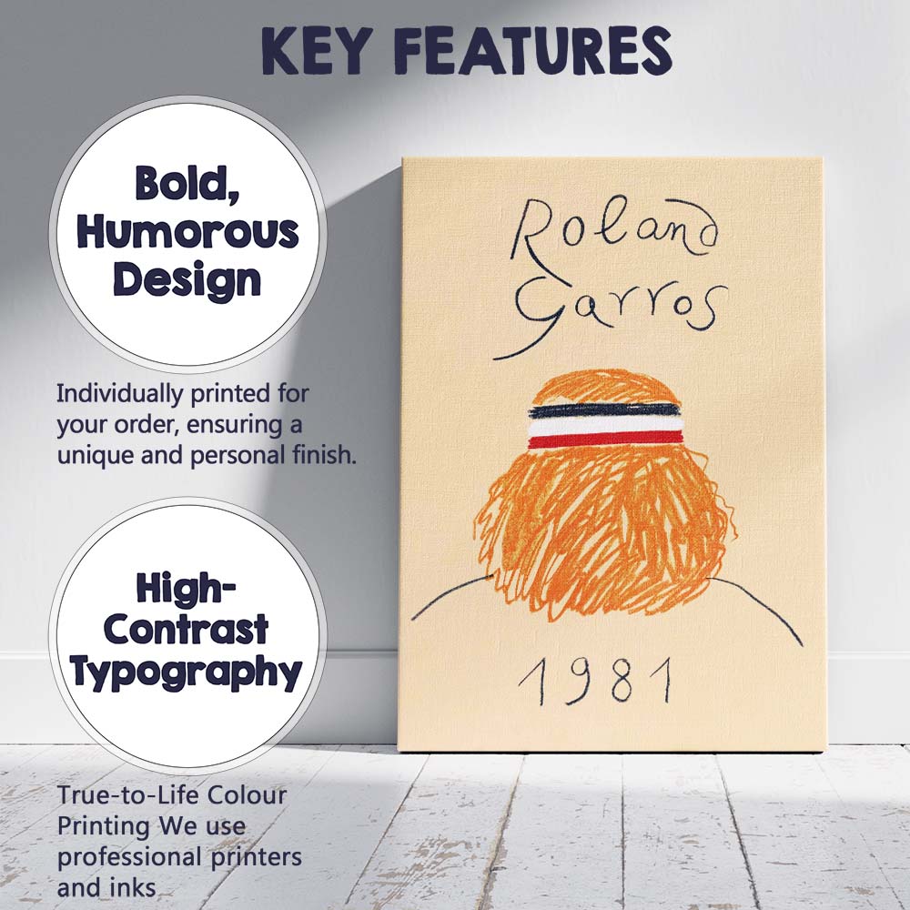 Retro Roland Garros Tennis Fan Illustration Canvas Wall Art Print Decor Picture Ready to Hang