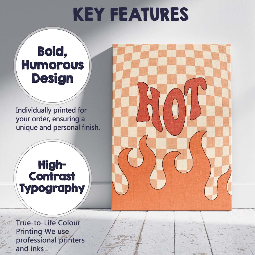 Retro Hot Typography Checkerboard Flame Graphic Canvas Wall Art Print Decor Picture Ready to Hang