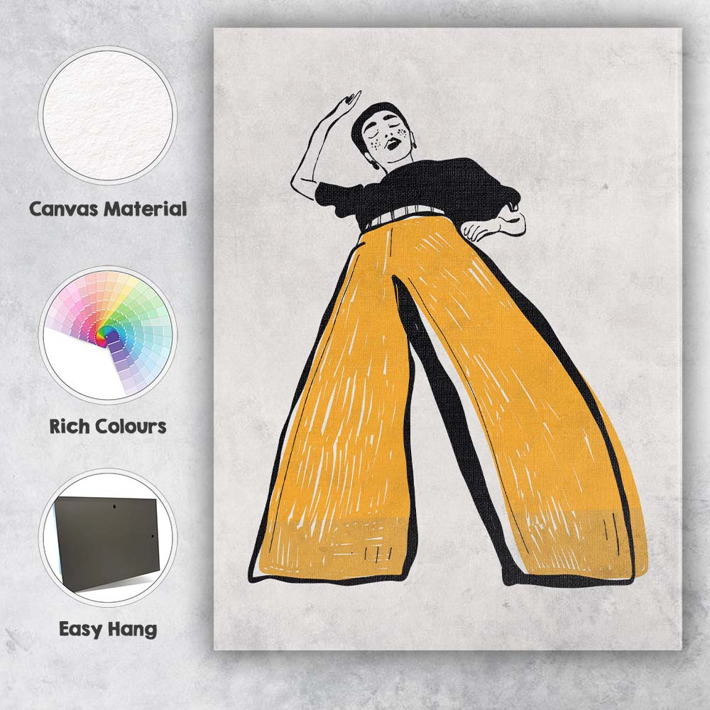 Minimalist Fashion Figure Mustard Wide Leg Trousers Illustration Canvas Wall Art Print Decor Picture Ready to Hang