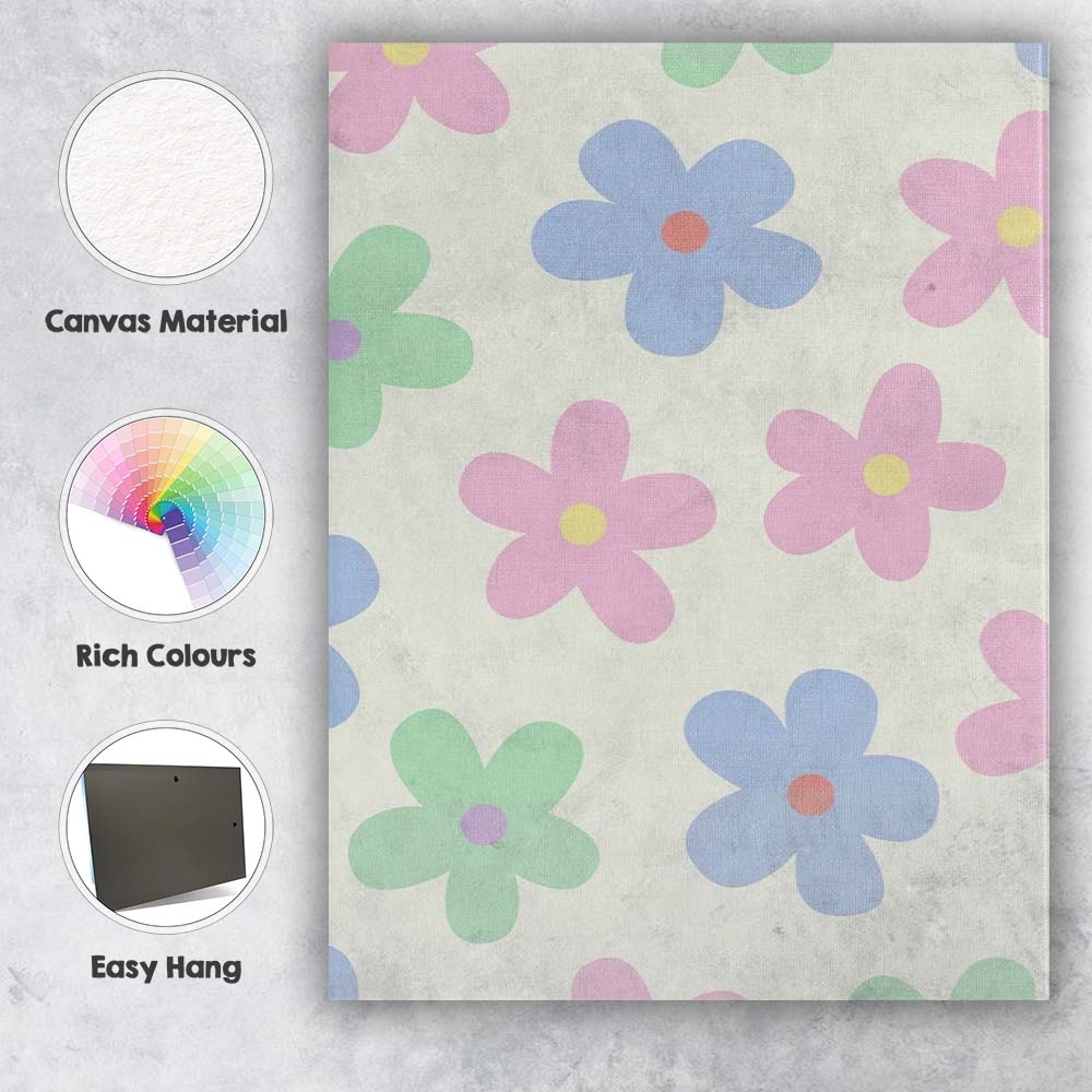 Pastel Retro Daisy Floral Repeat Pattern Canvas Wall Art Print Decor Picture Ready to Hang