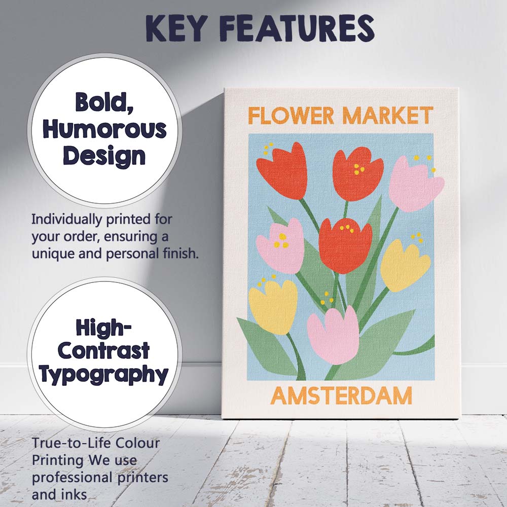 Scandinavian Flower Market Amsterdam Tulip Illustration Canvas Wall Art Print Decor Picture Ready to Hang