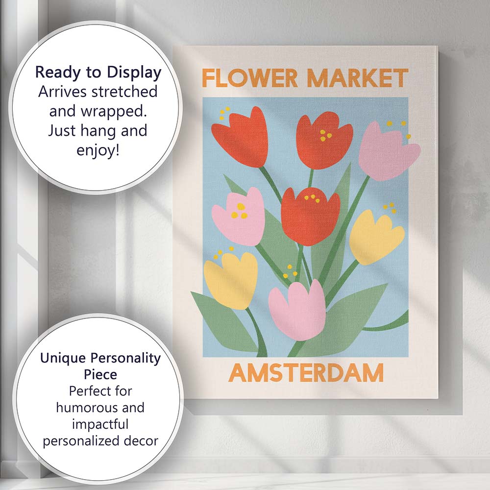 Scandinavian Flower Market Amsterdam Tulip Illustration Canvas Wall Art Print Decor Picture Ready to Hang