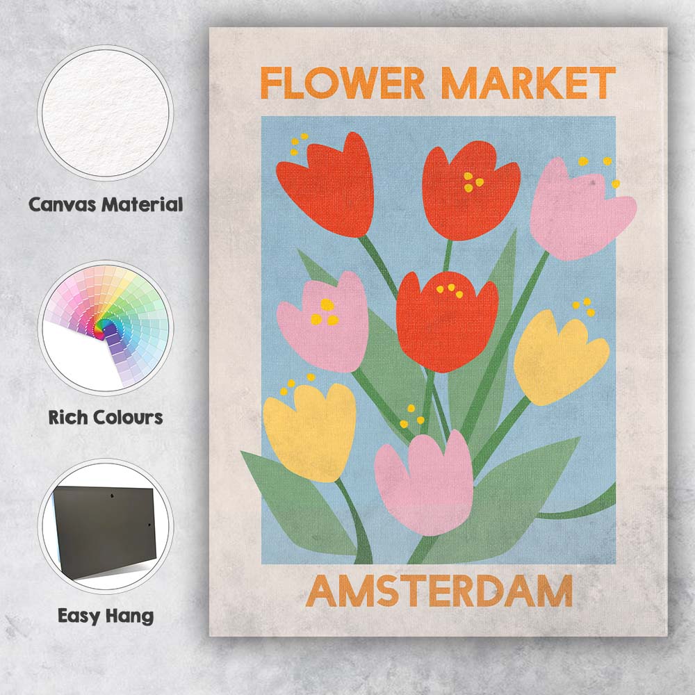 Scandinavian Flower Market Amsterdam Tulip Illustration Canvas Wall Art Print Decor Picture Ready to Hang