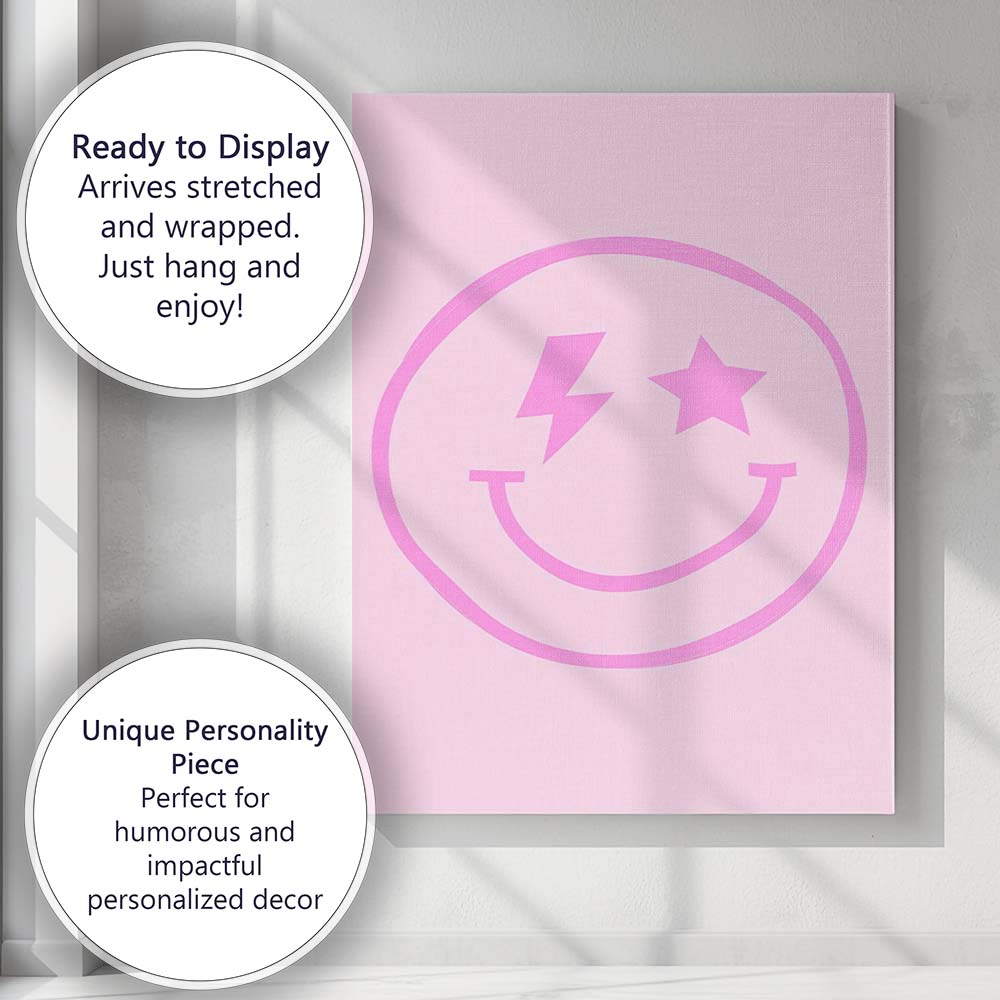Pink Smiley Face Lightning Star Minimalist Aesthetic Canvas Wall Art Print Decor Picture Ready to Hang