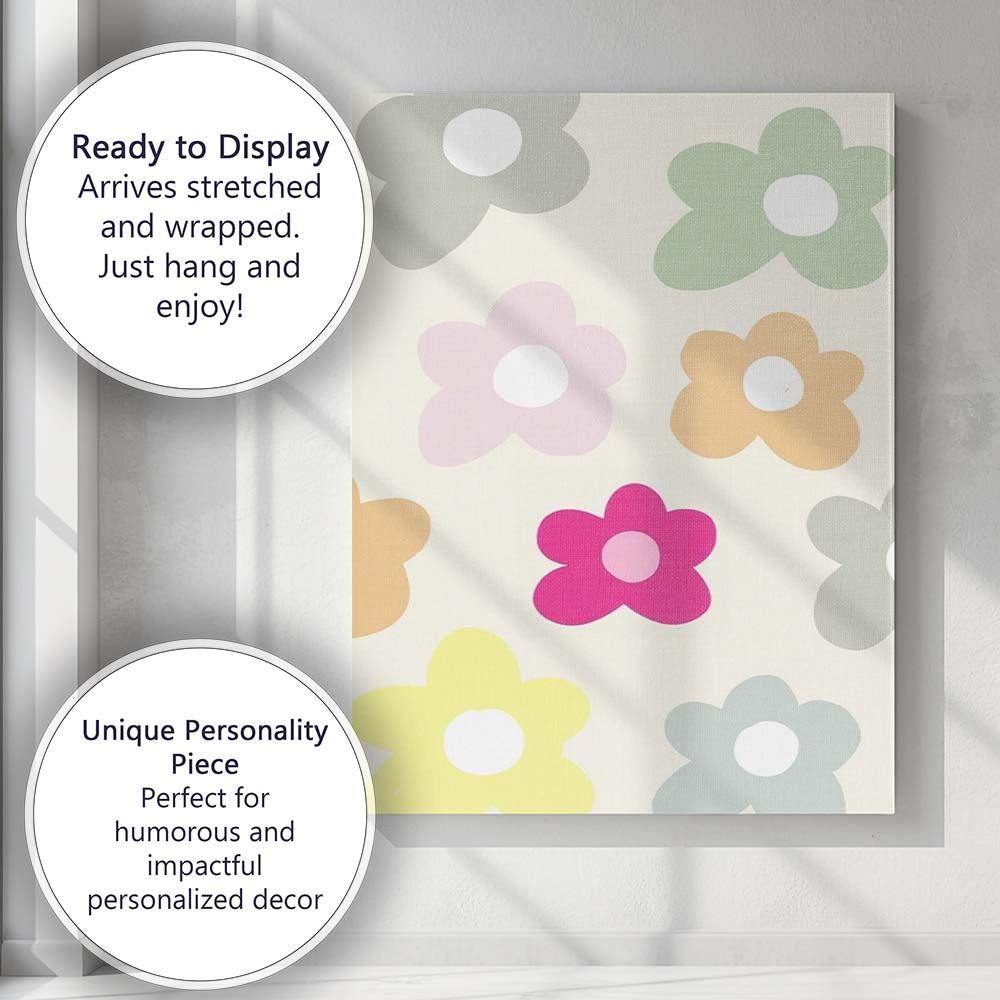 Pastel Retro Floral Daisy Repeat Pattern Canvas Wall Art Print Decor Picture Ready to Hang