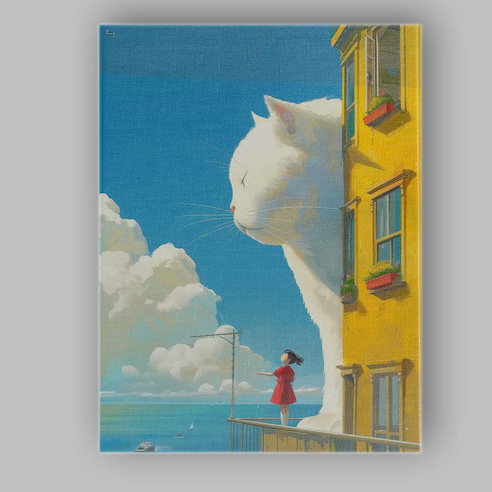 Whimsical Giant White Cat Girl Balcony Fantasy Illustration Canvas Wall Art Print Decor Picture Ready to Hang