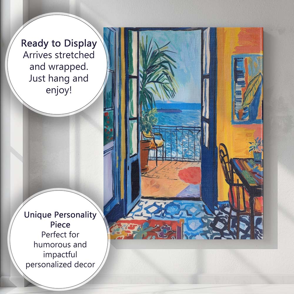Mediterranean Coastal Interior Open Window Seascape Painting Canvas Wall Art Print Decor Picture Ready to Hang