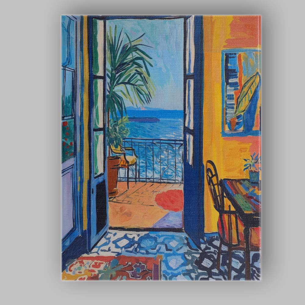 Mediterranean Coastal Interior Open Window Seascape Painting Canvas Wall Art Print Decor Picture Ready to Hang