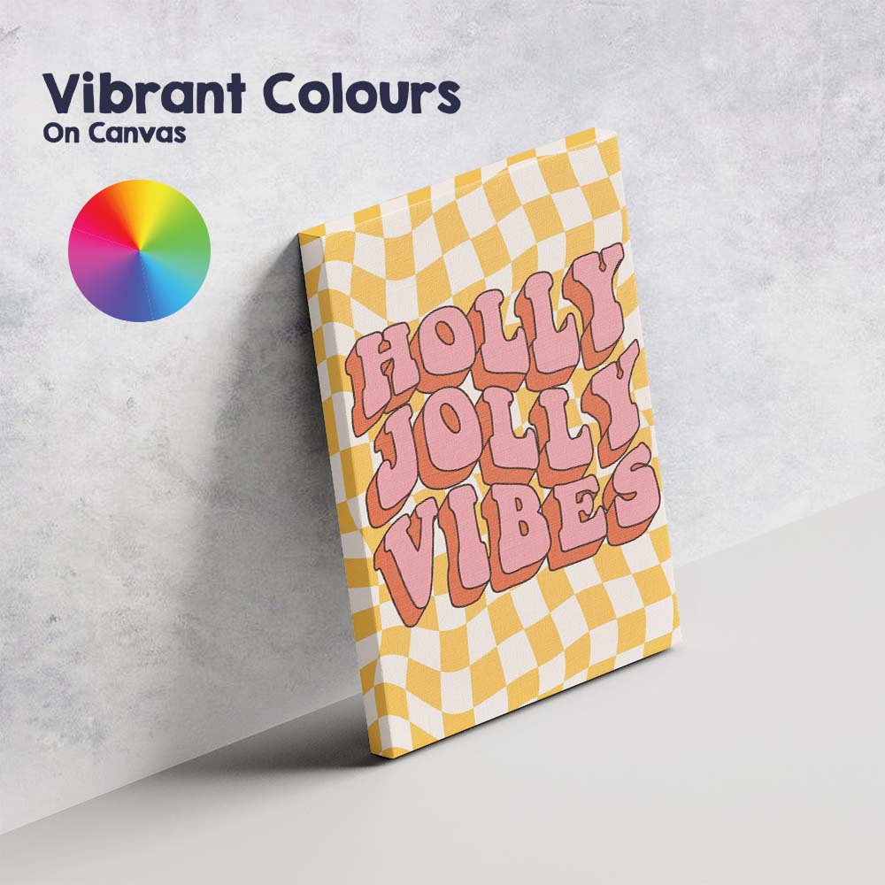 Retro Holly Jolly Vibes Typography Checkerboard Illustration Canvas Wall Art Print Decor Picture Ready to Hang